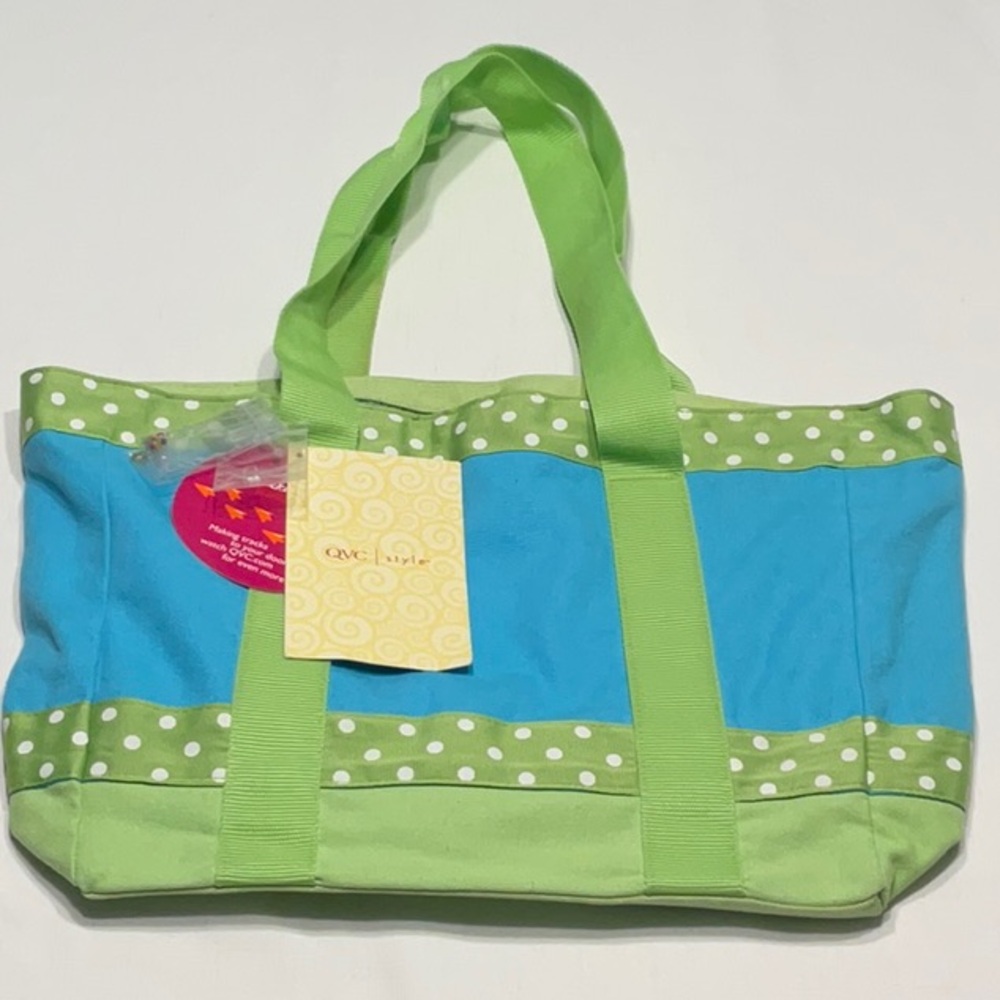 Quacker Factory Green and Blue Tote Bag with Polka Dots